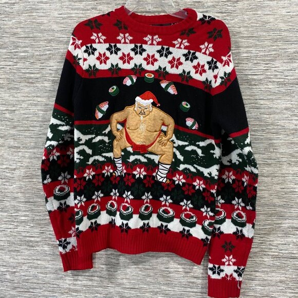 Blizzard Bay Christmas Sumo Sushi Sweater Men’s M Novelty Ugly Holiday Knit - Picture 1 of 4